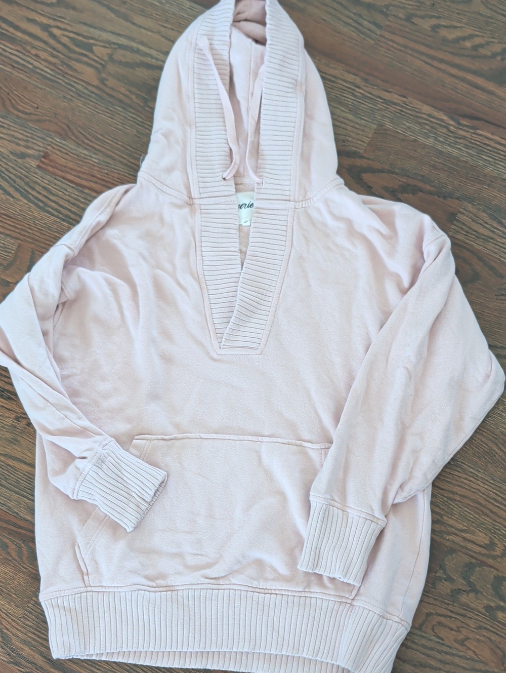 aerie Pale Pink Hooded Sweatshirt with Ribbed V-Neck